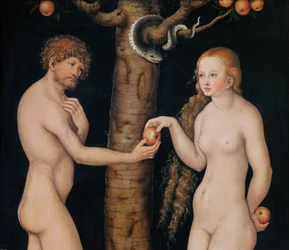 Eva biedt Adam de appel aan in de Hof van Eden, c.1520-25 (detail)